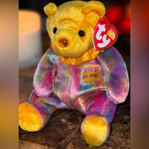 🎉 TY Birthday Beanie Baby November Bear Topaz Rainbow Sparkle Plush